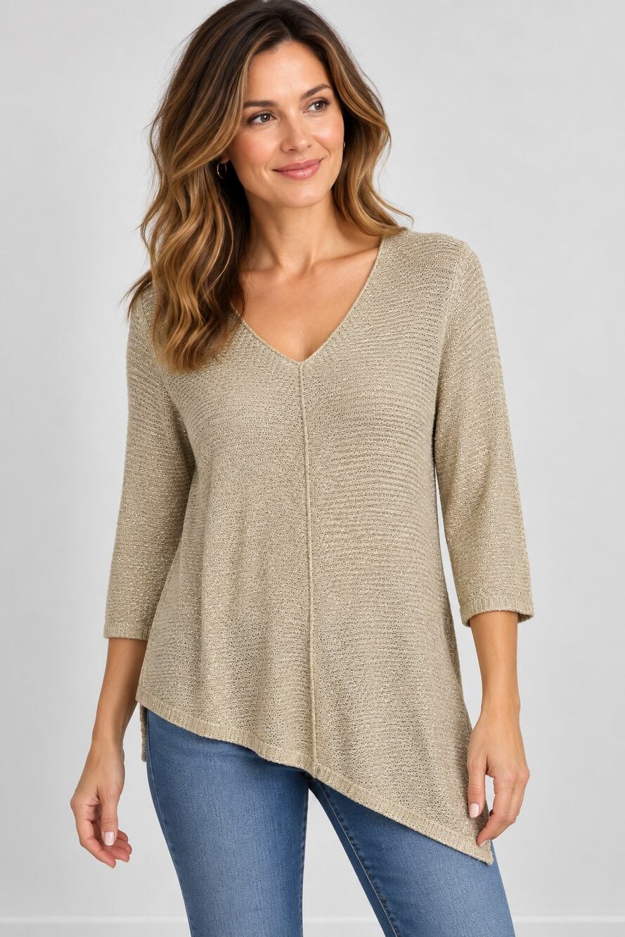 Chicos 2 Womens Metallic Slub Knit Sweater Size L Beige Slanted Hem Neutral